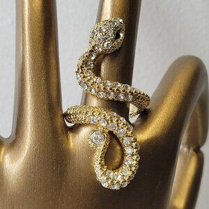 Statement Snake Ring Gold Tone with Crystals -Size 5.5